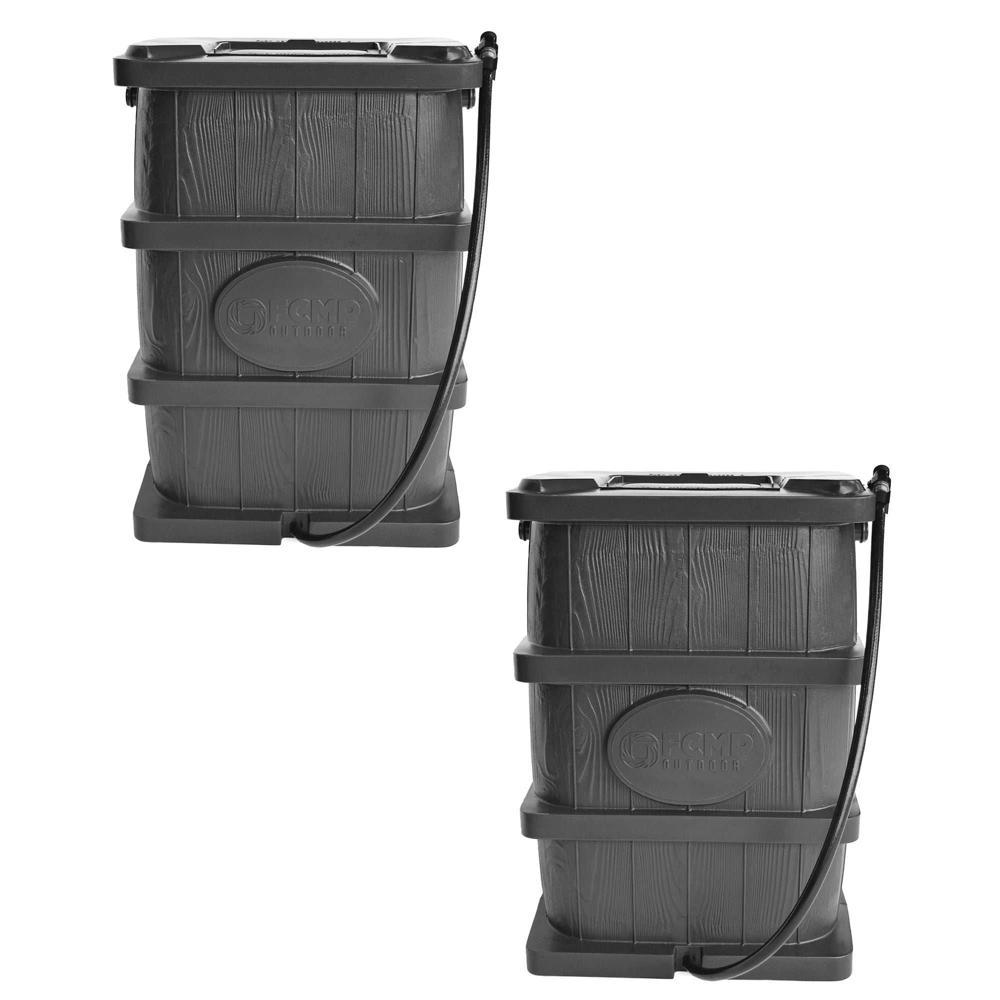 FCMP Outdoor 45 Gal Wood Grain Rain Catcher Barrel Container, Gray (2 Pack) - VMInnovations
