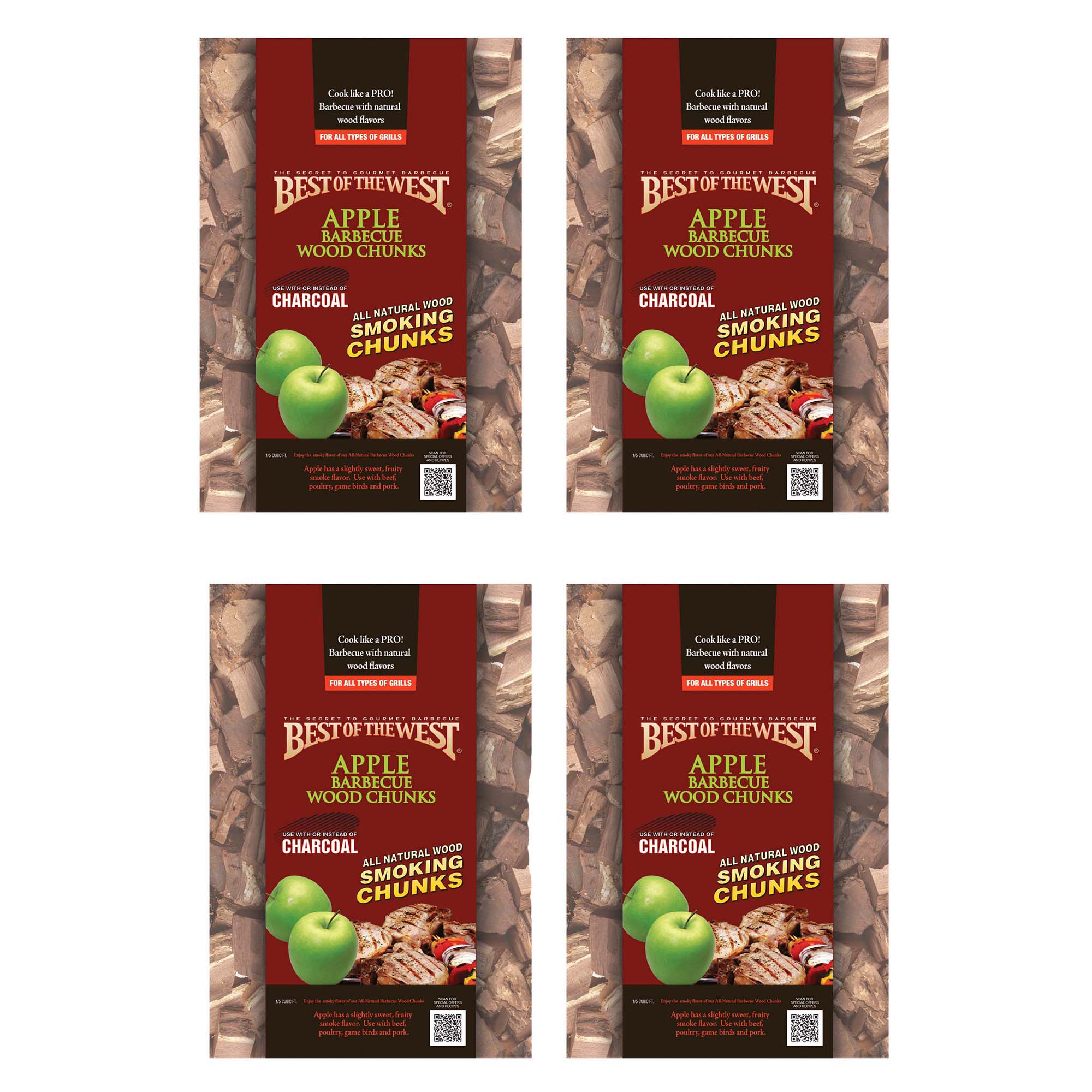 Best of the West 1/5 Cu. Ft. Bag of Natural Smoking Wood Chunks, Apple (4 Pack)
