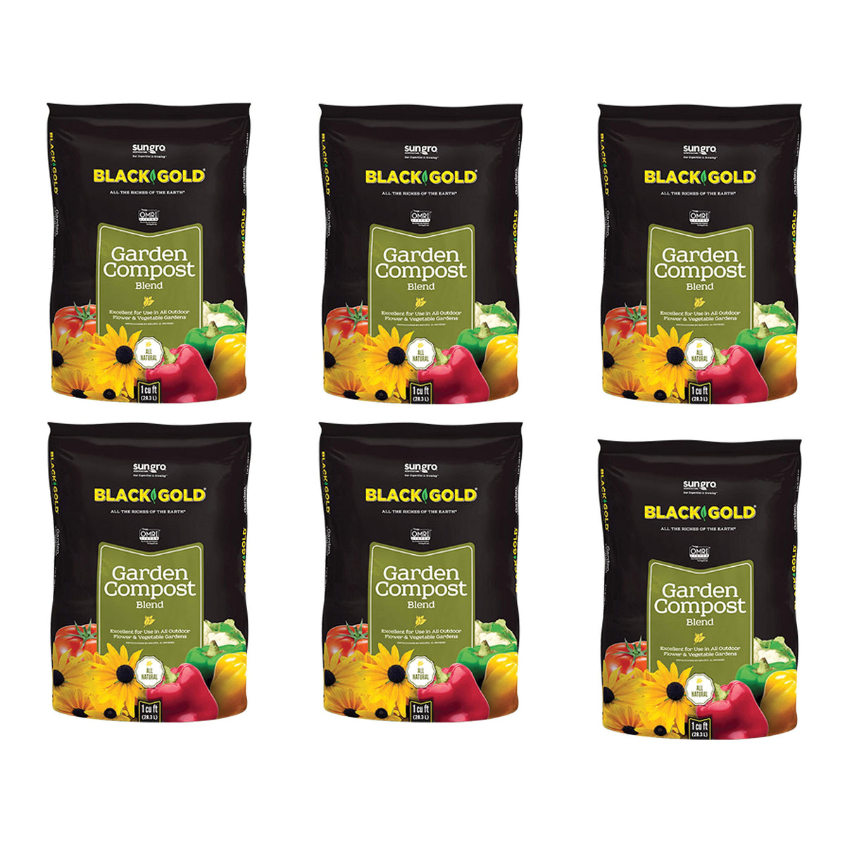 SunGro Black Gold Natural Organic Garden Compost Potting Mix, 1 Cu Ft (6 Pack)