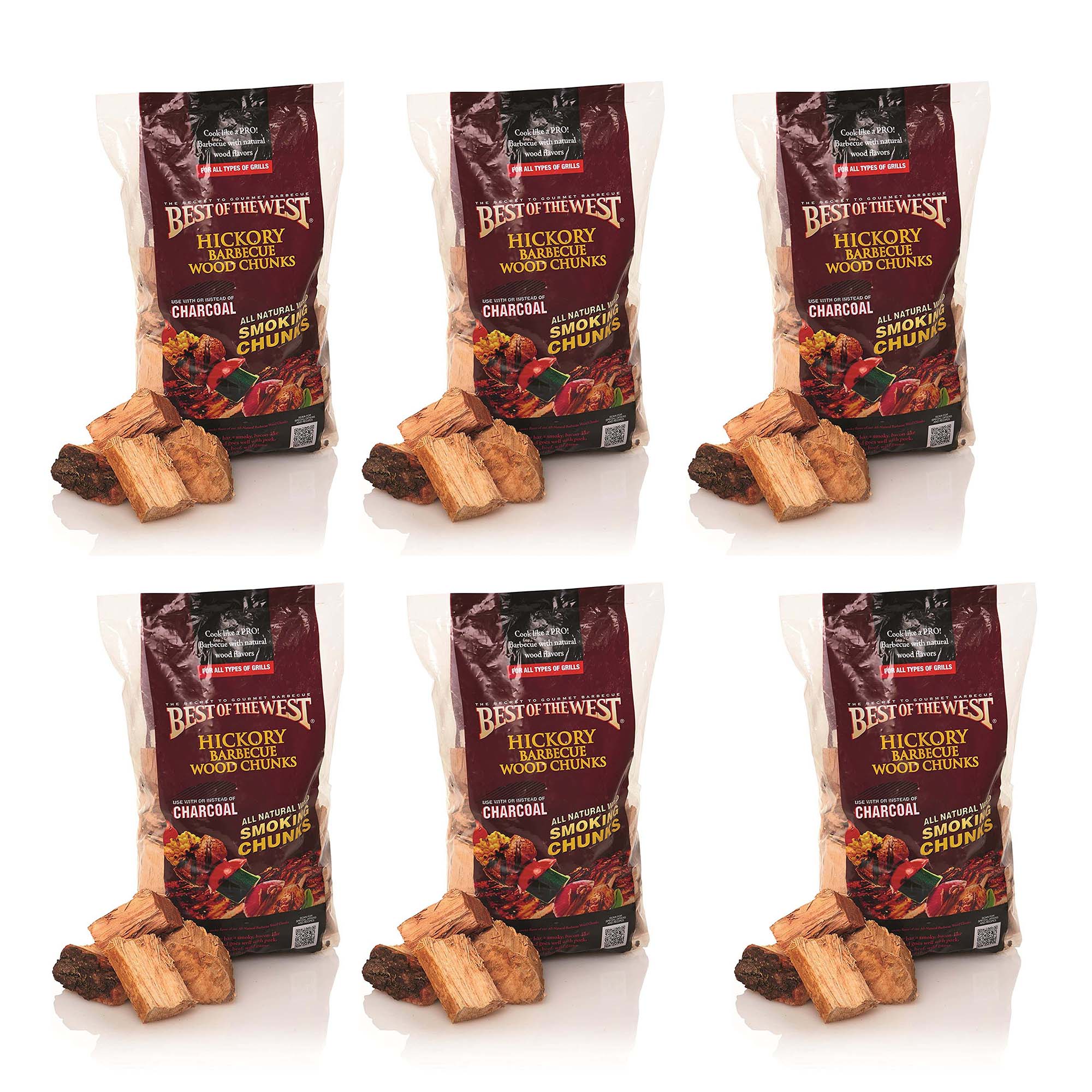 Best of the West 1/5 Cu Ft Bag of Natural Smoking Wood Chunks, Hickory (6 Pack)