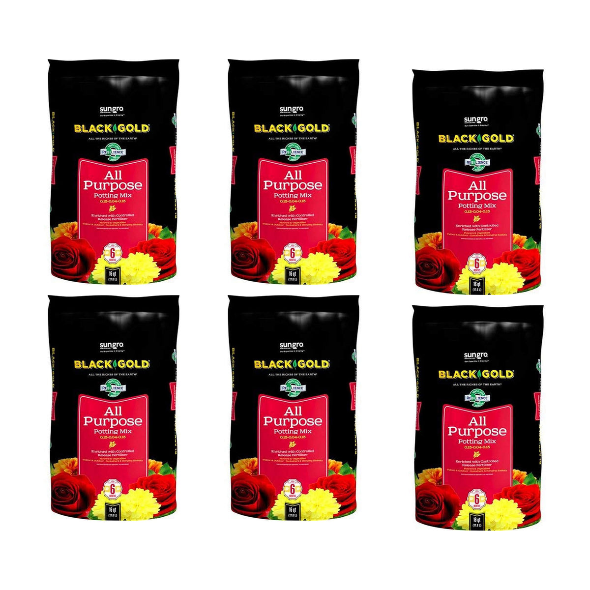 SunGro Black Gold All Purpose Natural Potting Soil Fertilizer Mix, 16Qt (6 Pack)