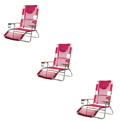 Ostrich 3-N-1 Light Aluminum Multi-Position Reclining Beach Chair, Pink (3 Pack)