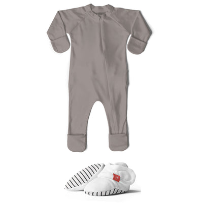 Goumikids Unisex Baby Organic Footie Pajama Outfit Bundle w/Booties, 0-3M Pewter