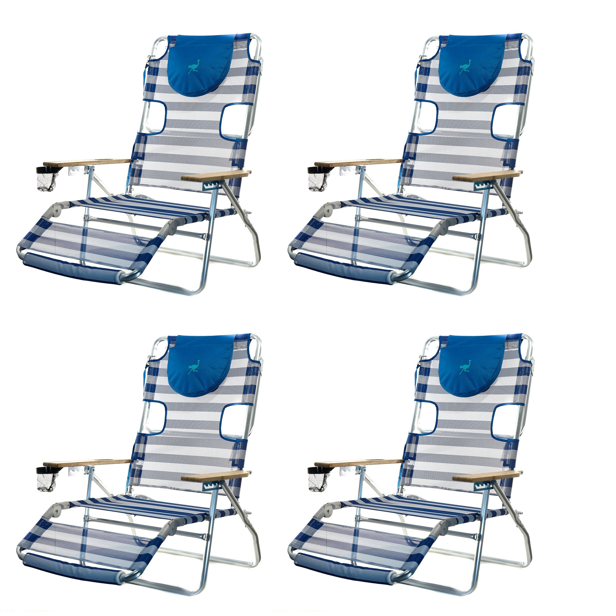 Ostrich 3-N-1 Aluminum Multi-Position Reclining Beach Chair, Striped (4 Pack)