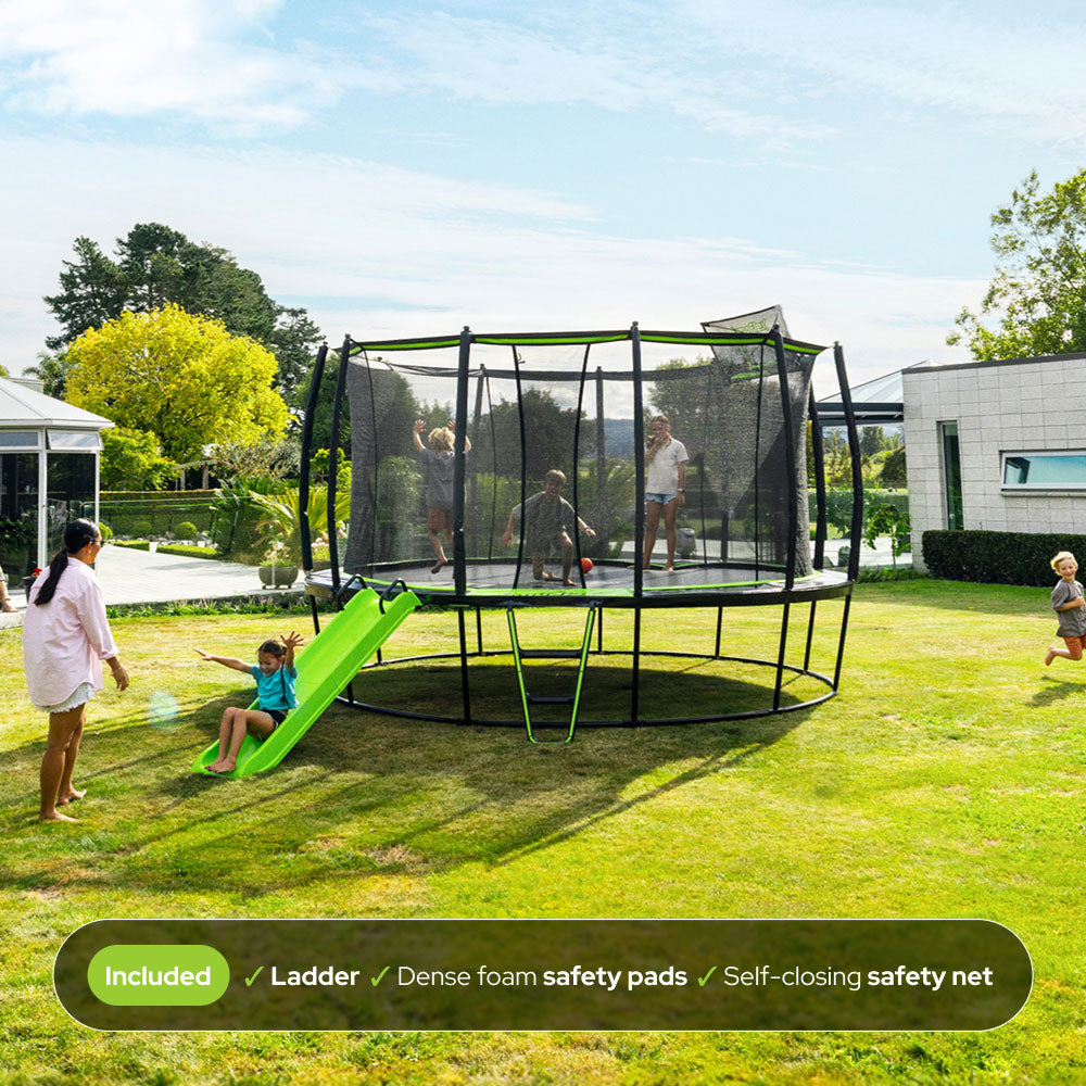 JumpFlex HERO 10' Trampoline w Basketball Hoop, Safety Enclosure, Net Attachment