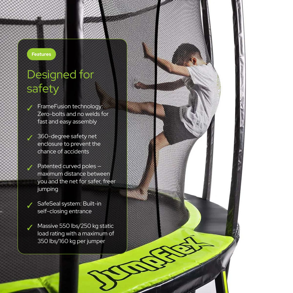 JumpFlex HERO 10' Trampoline w Basketball Hoop, Safety Enclosure, Net Attachment