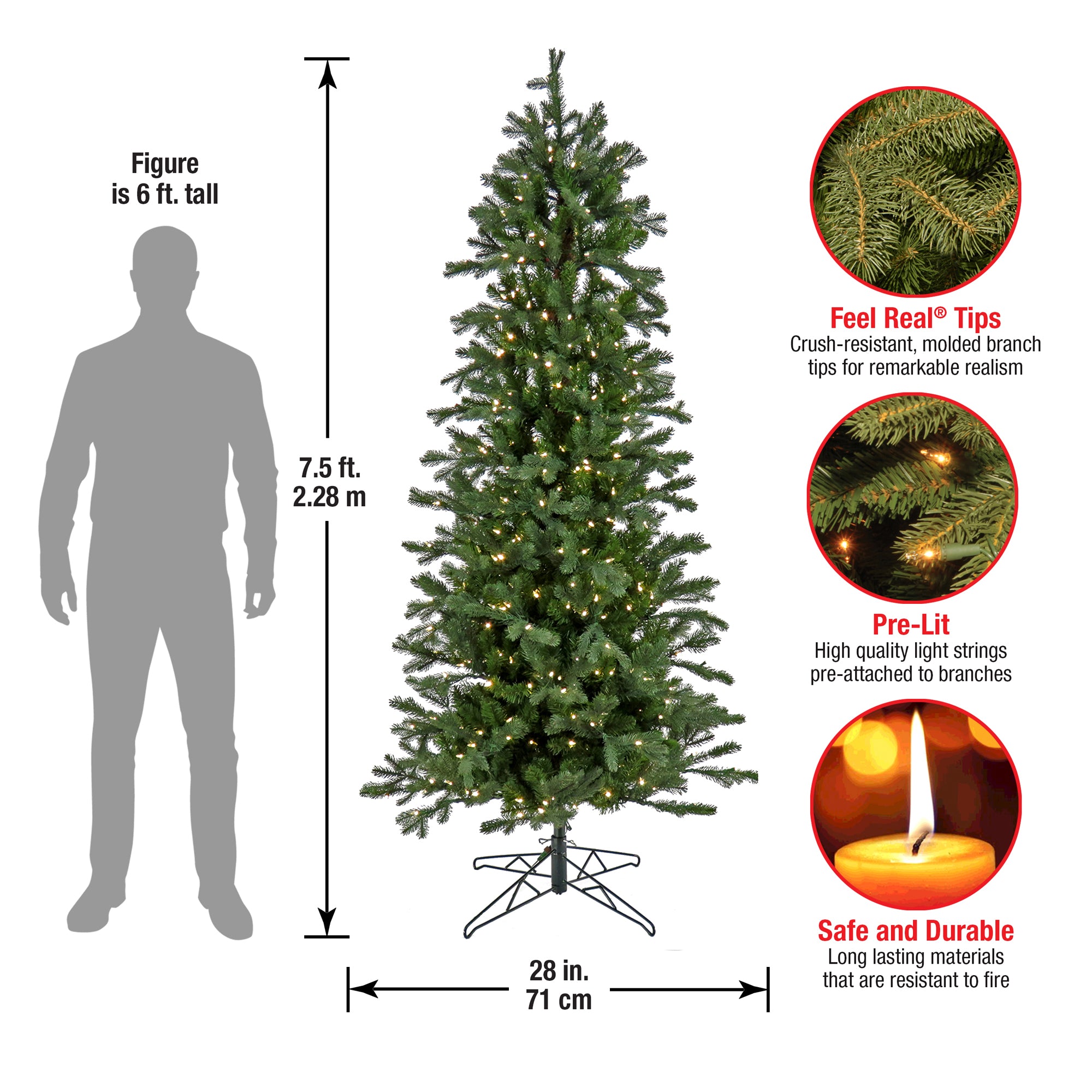 HGTV Home Collection Pre-Lit Artificial Slim Flocked Bavarian Pine Tree with PowerConnect LED Lights, Hinged Branches, Plug In, 7.5ft