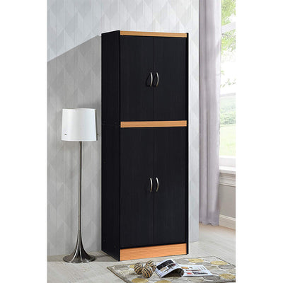 Hodedah HI224 4-Door 4-Shelve 5-Compartments Storage Kitchen Pantry, Black Beech