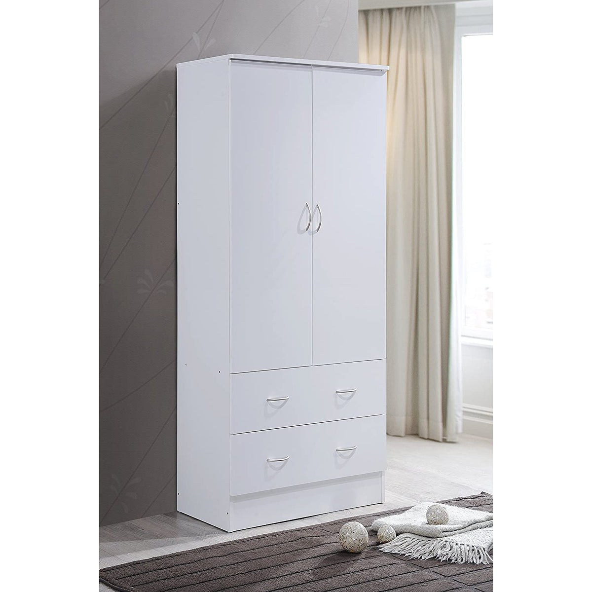 Hodedah HI29 6 Foot 2 Door 2 Drawer Wardrobe Armoire with Hanging Bar, White