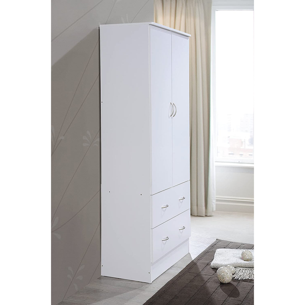 Hodedah HI29 6 Foot 2 Door 2 Drawer Wardrobe Armoire with Hanging Bar, White