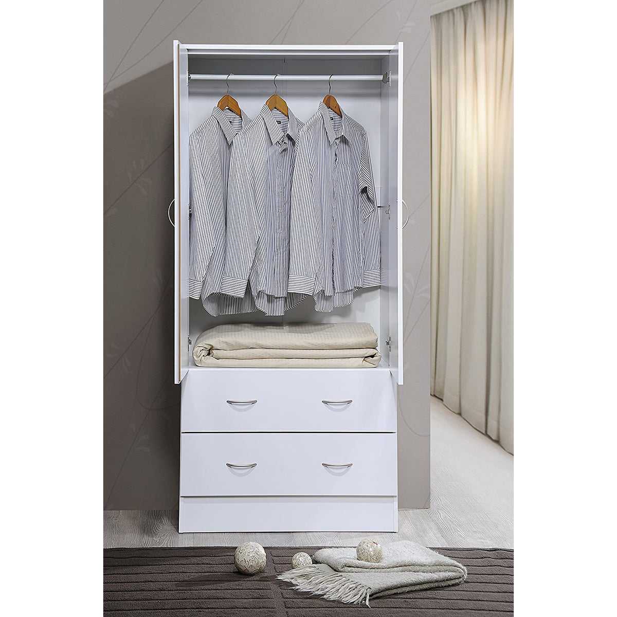 Hodedah HI29 6 Foot 2 Door 2 Drawer Wardrobe Armoire with Hanging Bar, White