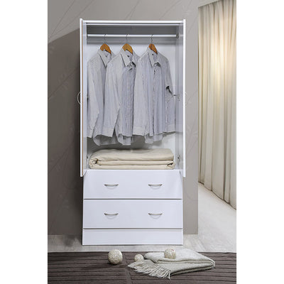 Hodedah HI29 6 Foot 2 Door 2 Drawer Wardrobe Armoire with Hanging Bar, White