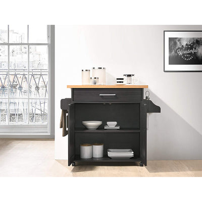 Hodedah Wheeled Kitchen Island with Spice Rack and Towel Holder, Black/Beech - VMInnovations