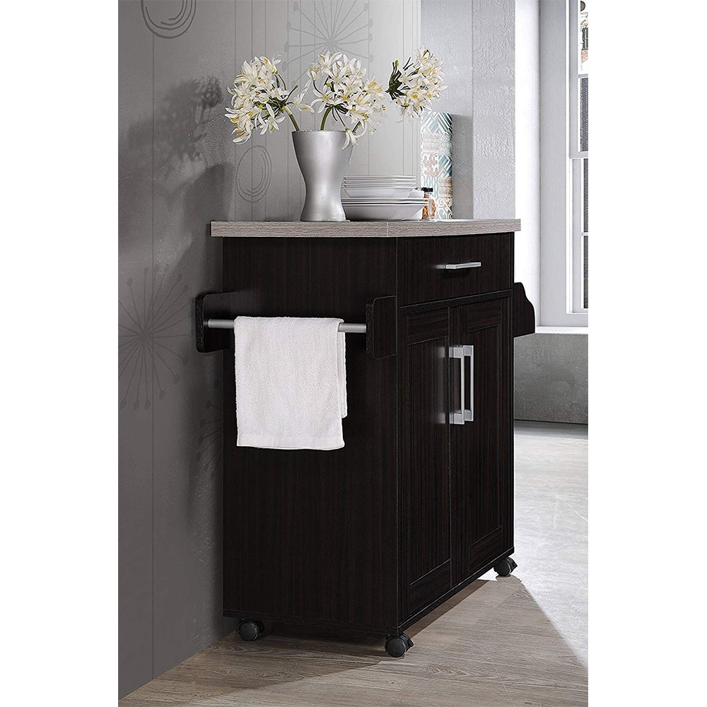 Hodedah Wheeled Island with Spice Rack and Towel Holder, Chocolate/Gray (Used) - VMInnovations