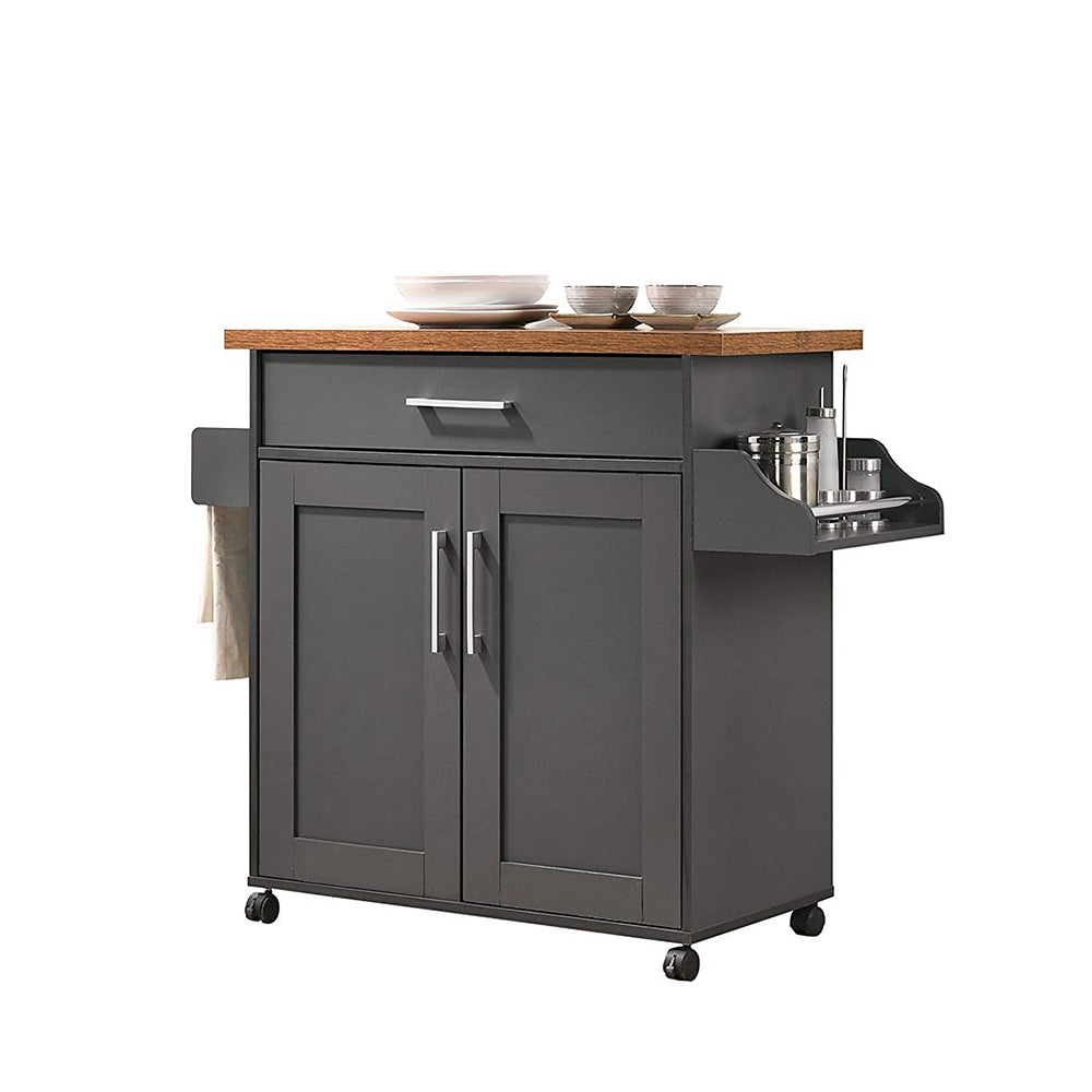 Hodedah Wheeled Kitchen Island Cart with Spice Rack and Towel Holder, Gray/Oak