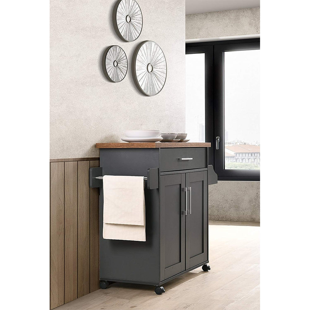 Hodedah Wheeled Island Cart with Spice Rack and Towel Holder Gray/Oak (Open Box)