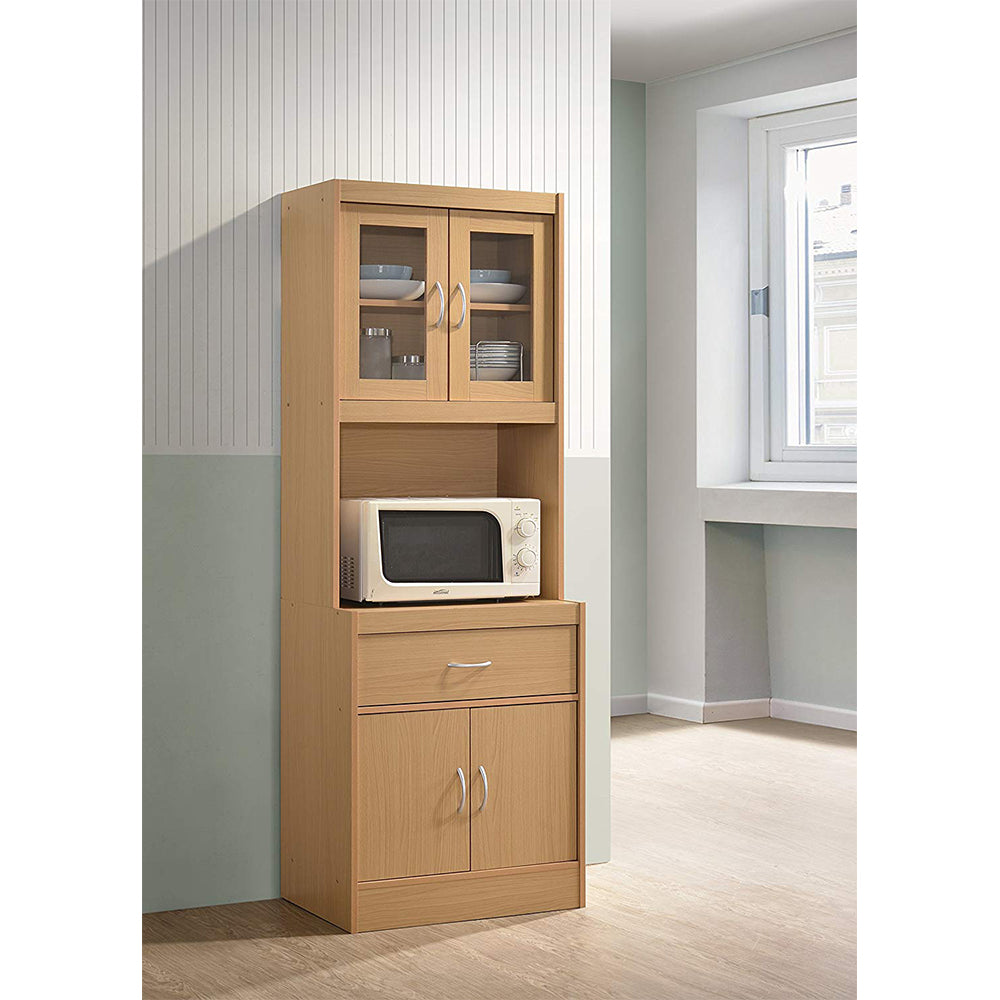 Hodedah Freestanding Kitchen Storage Cabinet w/ Open Space for Microwave, Beech - VMInnovations