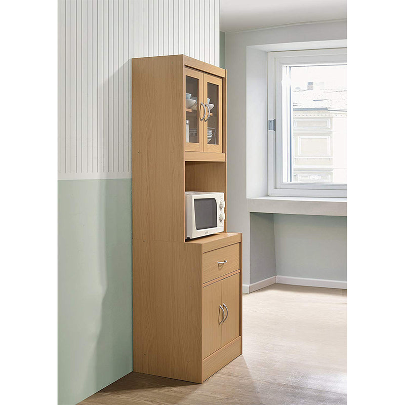 Hodedah Freestanding Kitchen Storage Cabinet w/ Open Space for Microwave, Beech