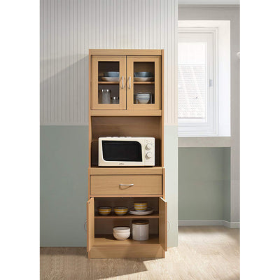 Hodedah Freestanding Kitchen Storage Cabinet w/ Open Space for Microwave, Beech