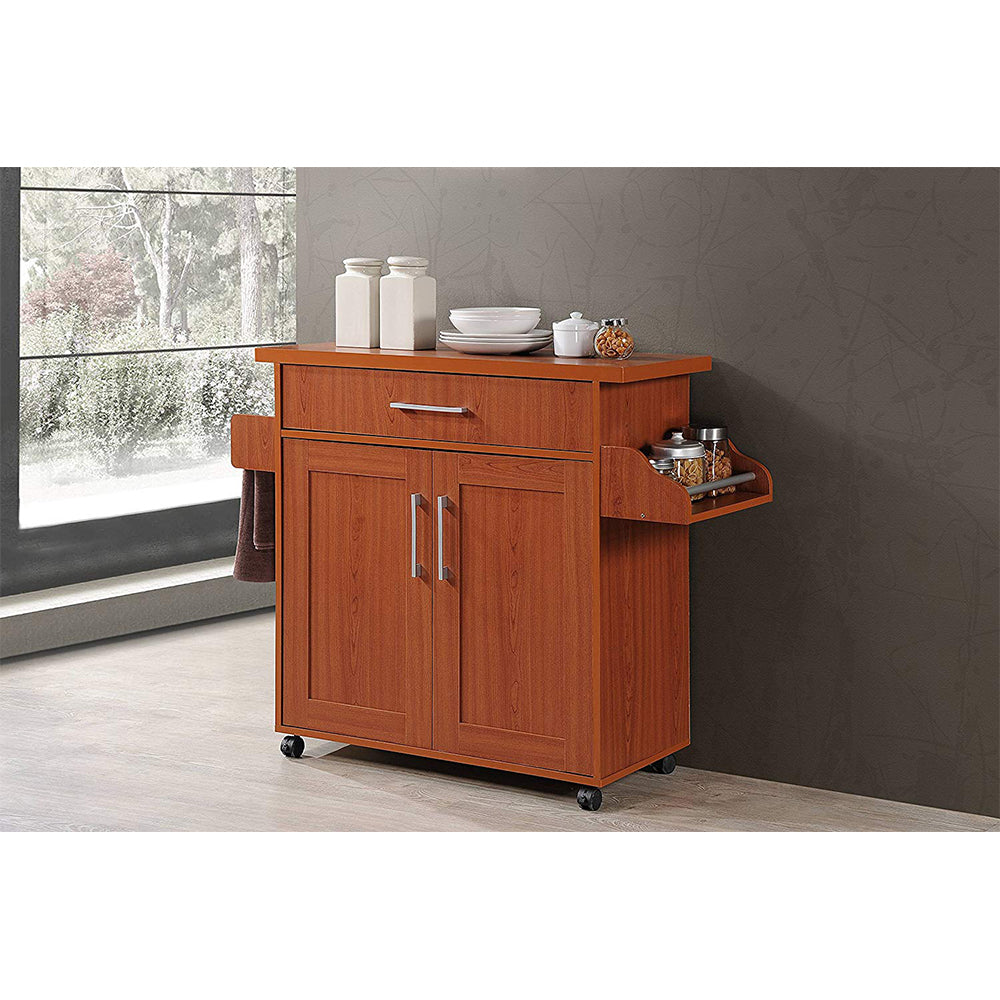 Hodedah Wheeled Kitchen Island Cart with Spice Rack and Towel Holder, Cherry
