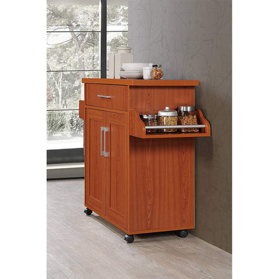 Hodedah Wheeled Kitchen Island Cart with Spice Rack and Towel Holder, Cherry