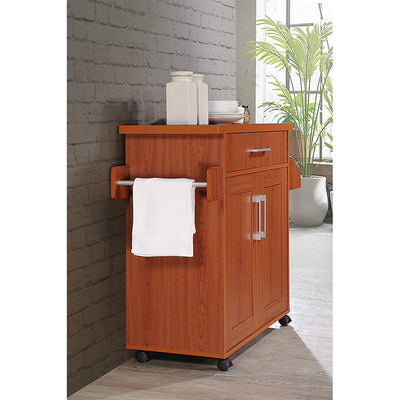 Hodedah Wheeled Kitchen Island Cart with Spice Rack and Towel Holder, Cherry