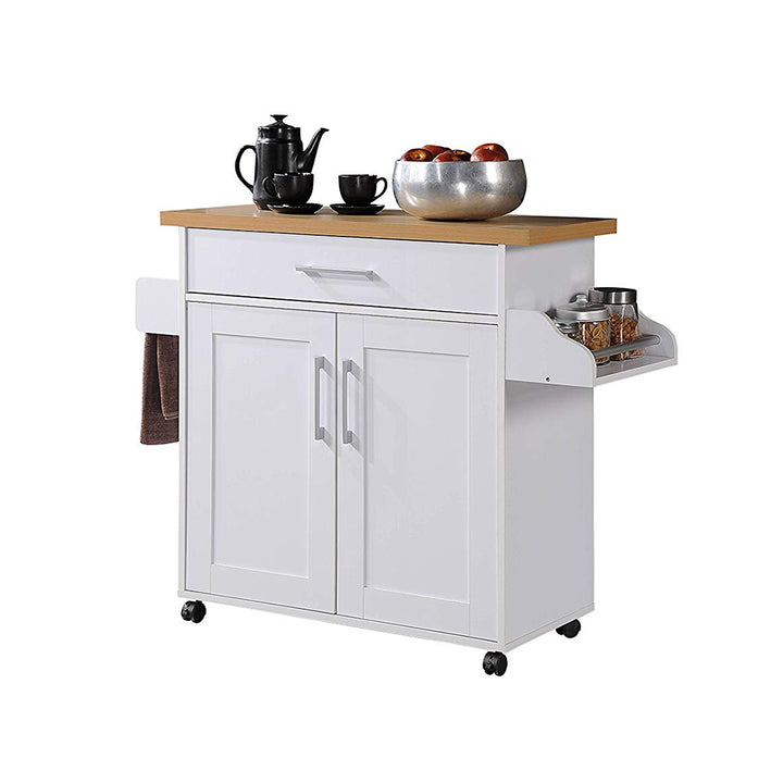 Hodedah Import Wheeled Kitchen Island w/Spice Rack & Towel Holder, White/Beech