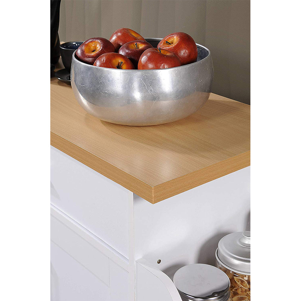 Hodedah Import Wheeled Kitchen Island w/Spice Rack & Towel Holder, White/Beech