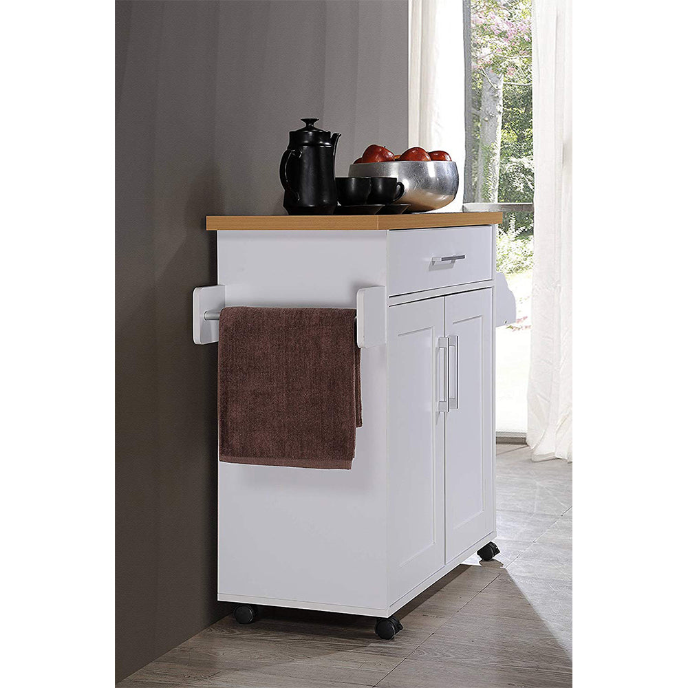 Hodedah Import Wheeled Kitchen Island w/Spice Rack & Towel Holder, White/Beech