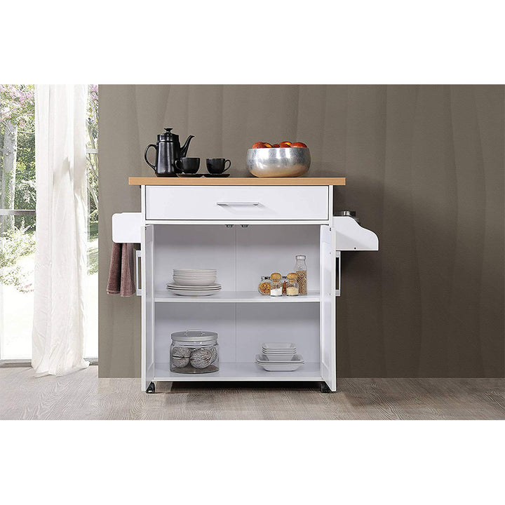 Hodedah Import Wheeled Kitchen Island w/Spice Rack & Towel Holder, White/Beech