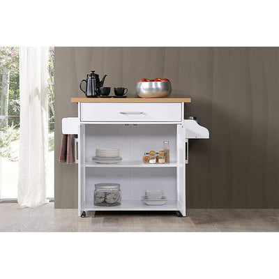 Hodedah Wheeled Kitchen Island Spice Rack and Towel Holder, White/Beech (Used) - VMInnovations