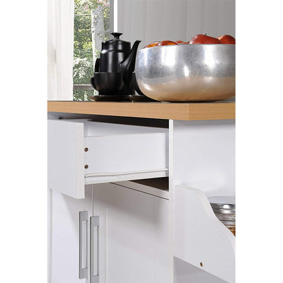 Hodedah Wheeled Kitchen Island w/Spice Rack & Towel Holder, White/Beech (Used) - VMInnovations