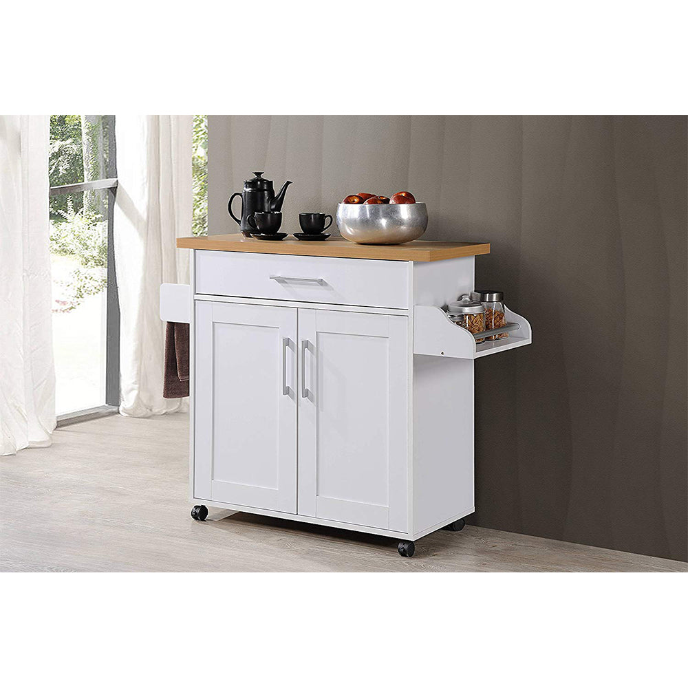 Hodedah Import Wheeled Kitchen Island w/Spice Rack & Towel Holder, White/Beech