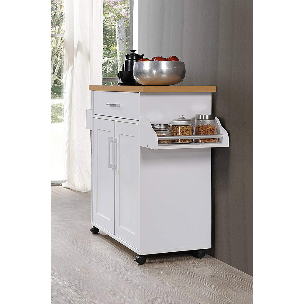 Hodedah Import Wheeled Kitchen Island w/Spice Rack & Towel Holder, White/Beech