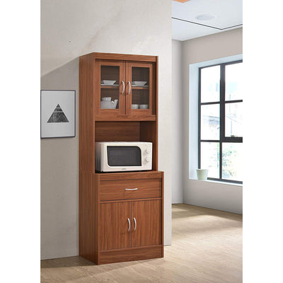 Hodedah Import 70 In Tall Top/Bottom Enclosed Kitchen Cabinet w/ Drawer, Cherry