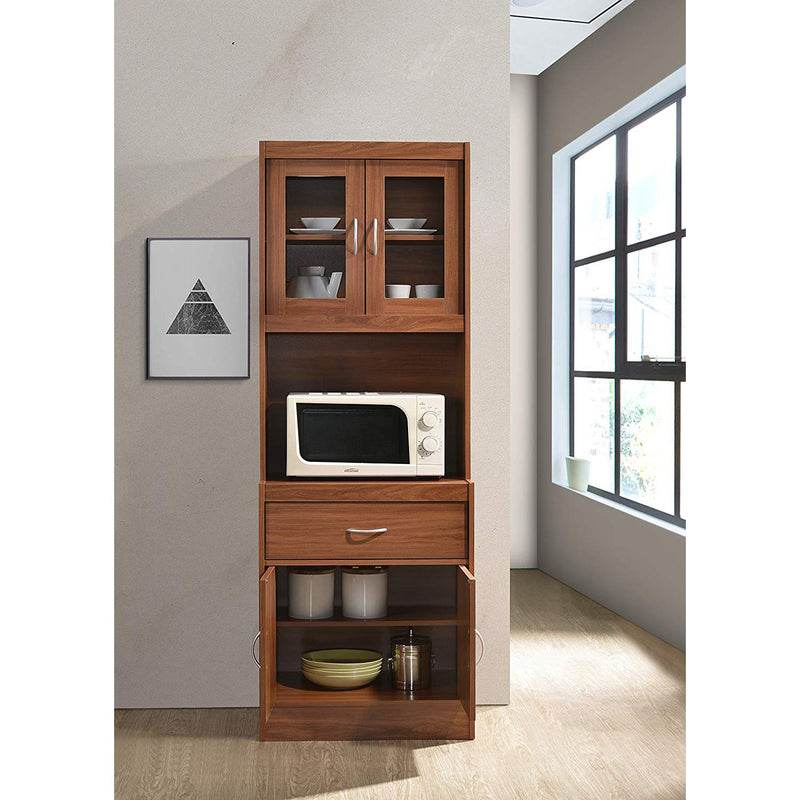 Hodedah Import 70 In Tall Top/Bottom Enclosed Kitchen Cabinet w/ Drawer, Cherry