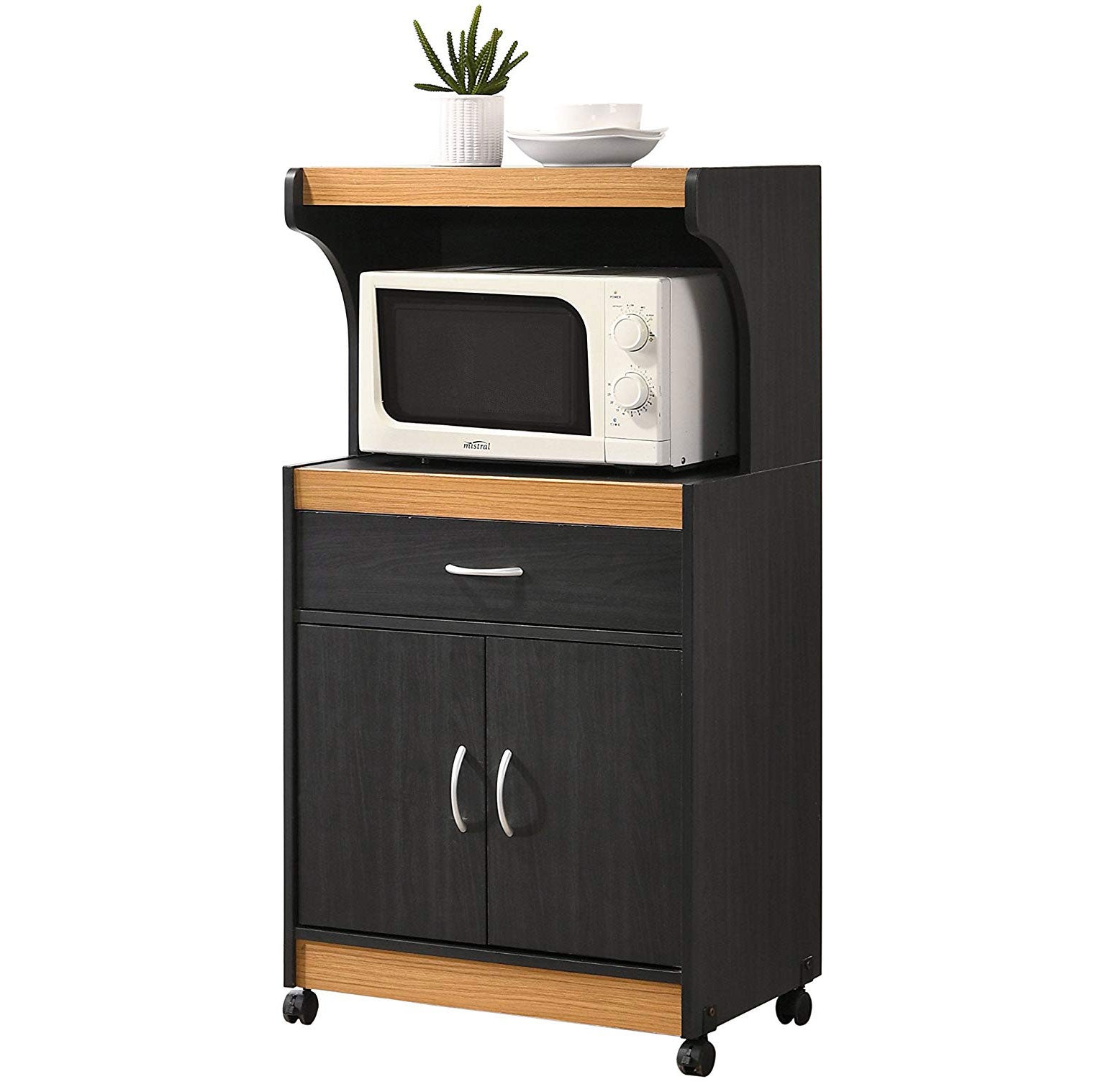 Hodedah Wheeled Microwave Island Cart with Drawer and Cabinet Storage, Black-Beech - VMInnovations