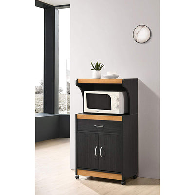 Hodedah Wheeled Microwave Island Cart with Drawer and Cabinet Storage, Black-Beech