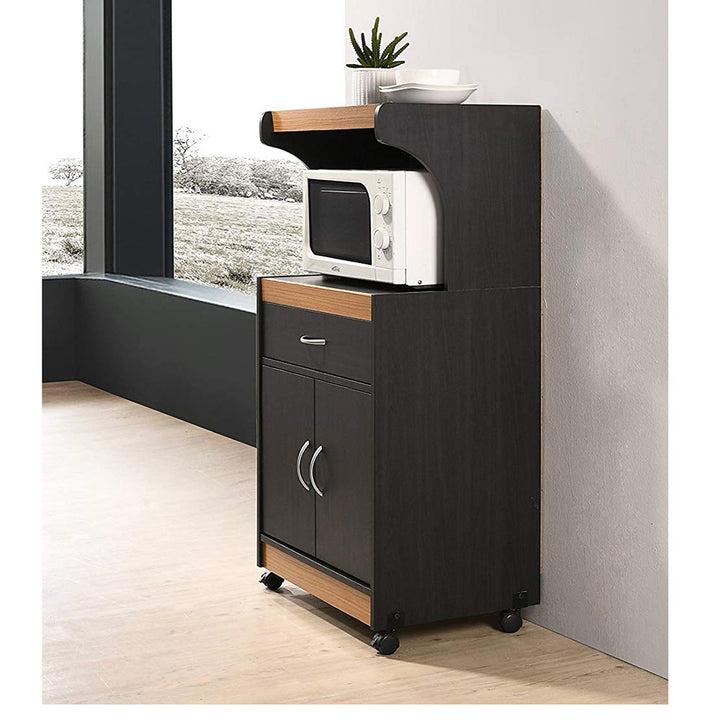 Hodedah Wheeled Microwave Island Cart with Storage, Black-Beech (Open Box)