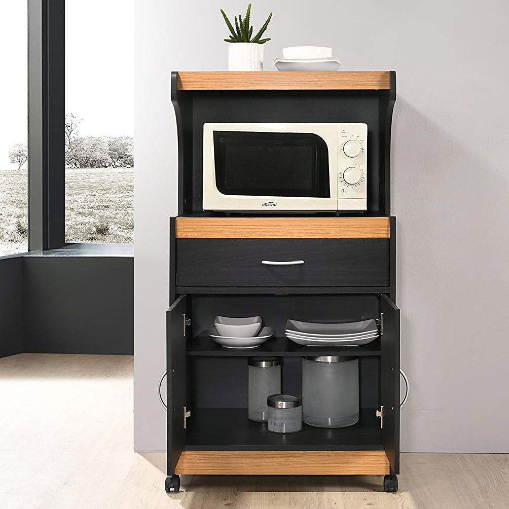 Hodedah Wheeled Microwave Island Cart with Drawer and Cabinet Storage, Black-Beech - VMInnovations