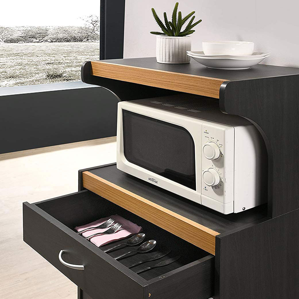 Hodedah Wheeled Microwave Island Cart with Storage, Black-Beech (Open Box)