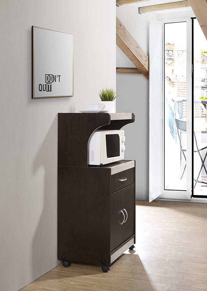 Hodedah Wheeled Microwave Cart with Drawer and Cabinet Storage, Chocolate Grey