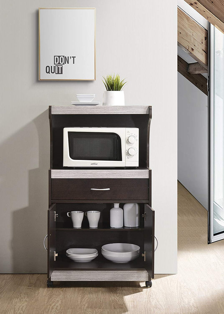 Hodedah Wheeled Microwave Cart with Drawer and Cabinet Storage, Chocolate Grey