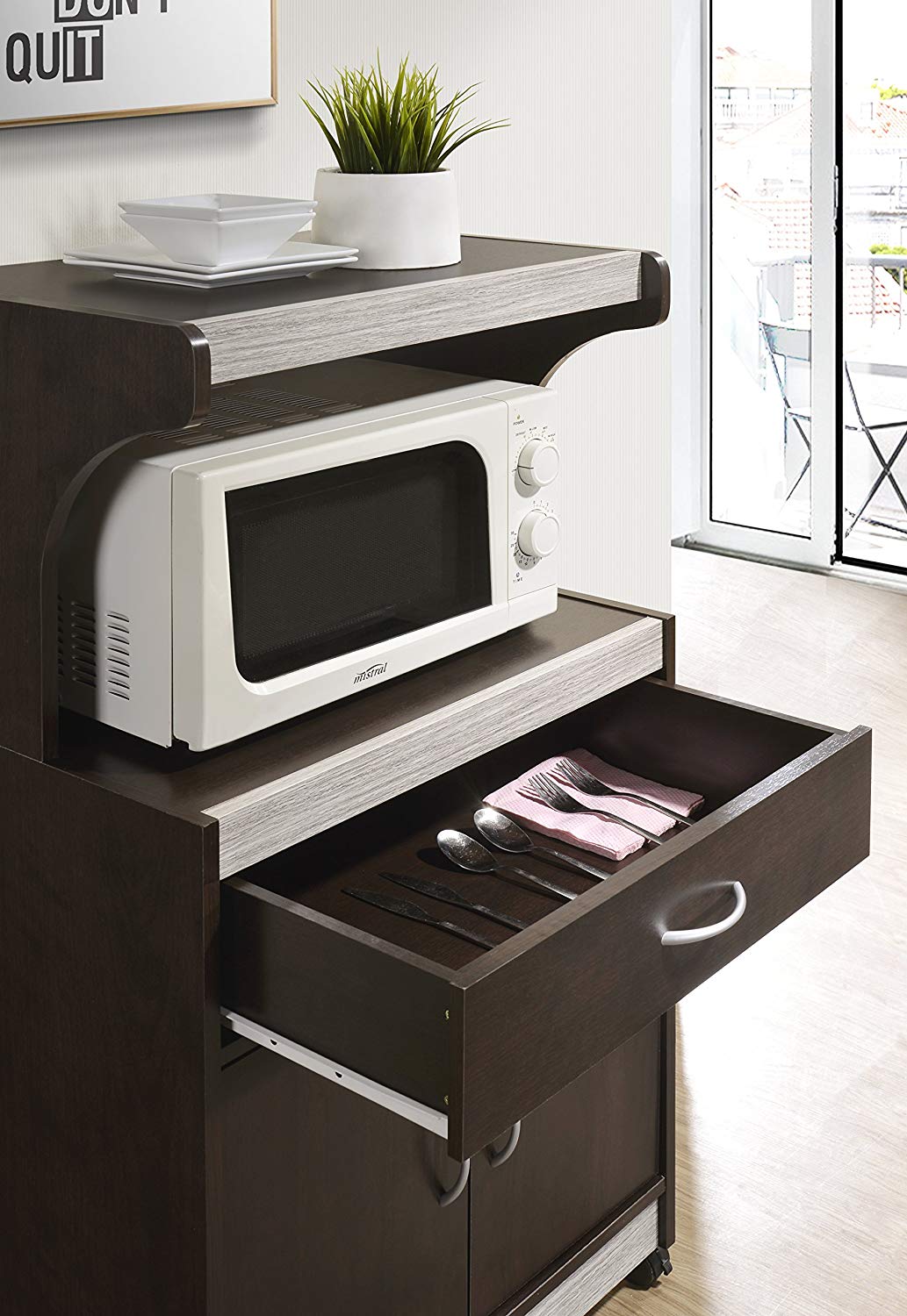 Hodedah Wheeled Microwave Cart with Drawer and Cabinet Storage, Chocolate Grey