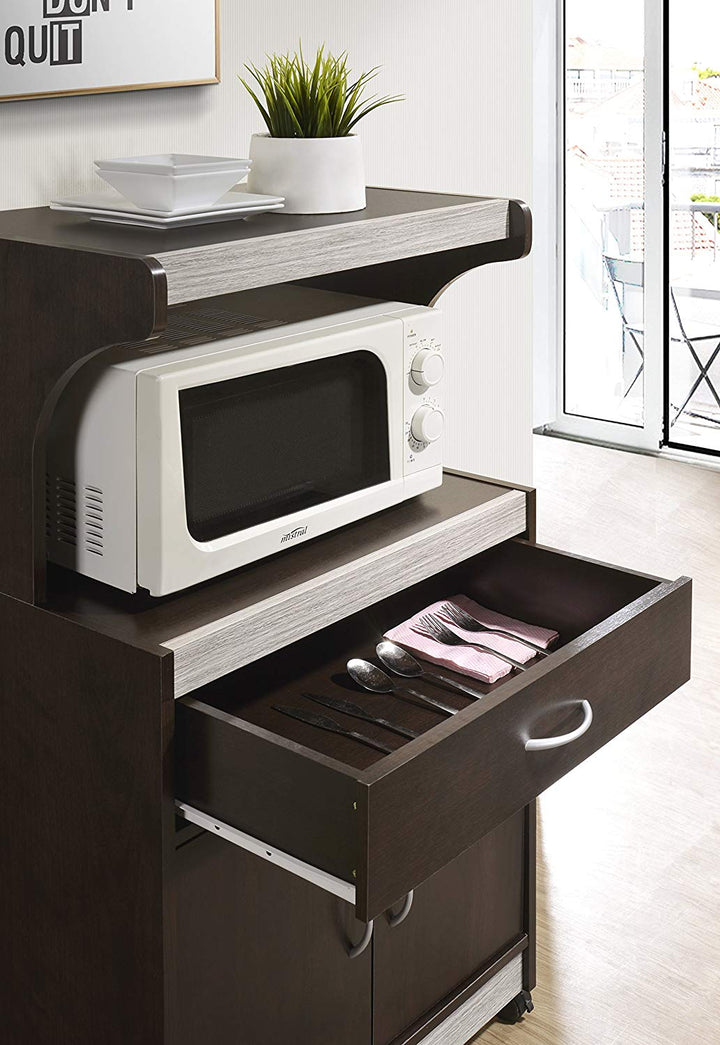 Hodedah Wheeled Microwave Cart with Drawer and Cabinet Storage, Chocolate Grey