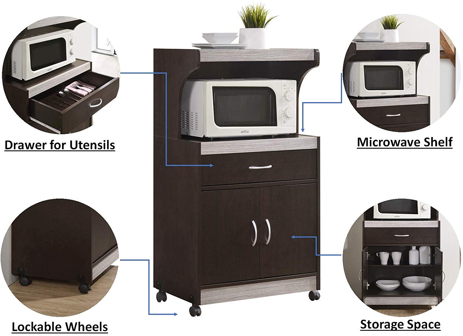 Hodedah Wheeled Microwave Cart with Drawer and Cabinet Storage (Used) - VMInnovations