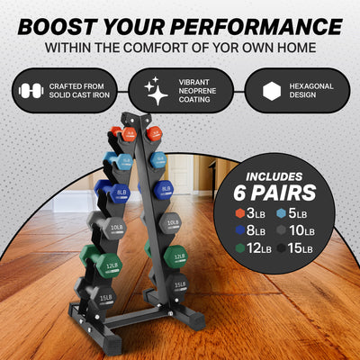 HolaHatha 3, 5, 8, 10, 12 & 15lb Neoprene Dumbbell Set w/Storage Rack (Used) - VMInnovations