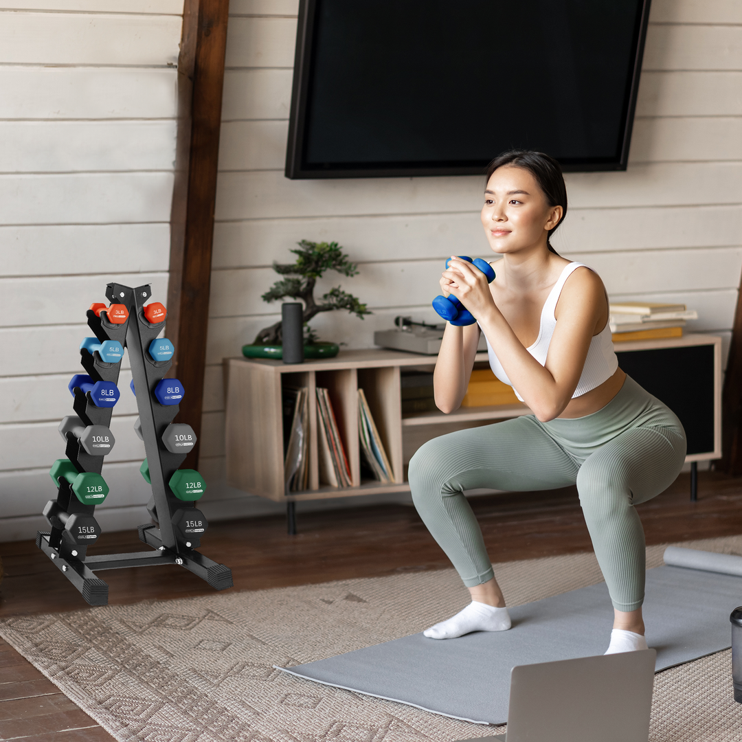 HolaHatha 3, 5, 8, 10, 12 & 15lb Neoprene Dumbbell Set w/Storage Rack (Used) - VMInnovations