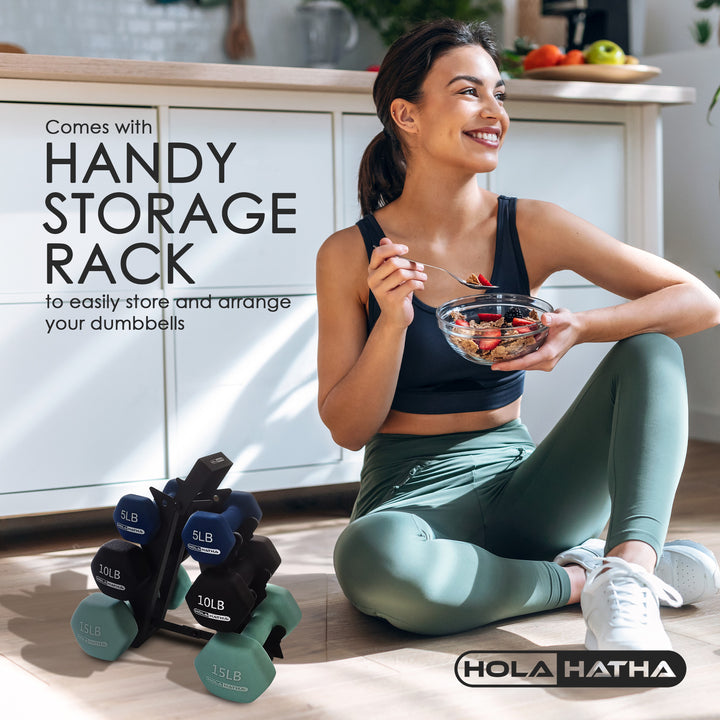 HolaHatha 5, 10, and 15 LB Neoprene Dumbbell Weight Set w/ Rack (Open Box) - VMInnovations