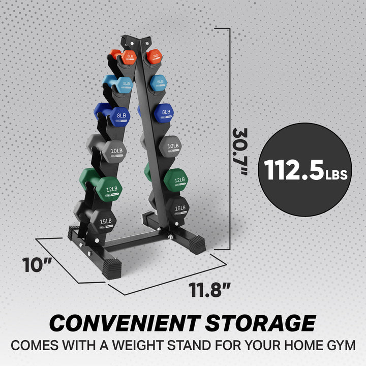 HolaHatha 3, 5, 8, 10, 12 & 15 Pound Neoprene Dumbbell Weight Set w/Storage Rack